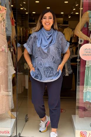 Fular Detaylı İthal Bluz Mavi