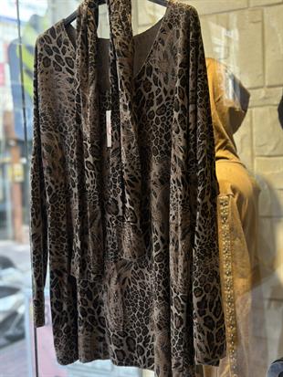Fularlı Leopar Desen İthal Bluz