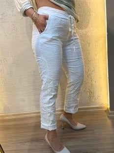Full Likralı Payet Küpür Detaylı Pantolon Beyaz