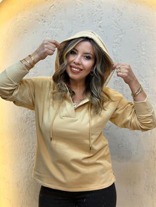 İçi Şardonlu Kruvaze Yaka Kapüşonlu Pamuk Hoodie Sunset Sarı