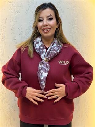 İzci Model Saten Fular Detaylı İçi Şardonlu Üç İplik Yakalı Hoodie Bordo