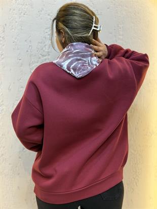 İzci Model Saten Fular Detaylı İçi Şardonlu Üç İplik Yakalı Hoodie Bordo