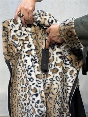 İçi Leopar Kürklü Kapüşonlu İthal Kaban Haki