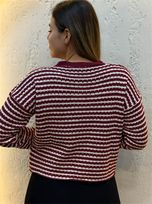 İnce Çizgili Triko Crop Hırka Bordo