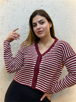 İnce Çizgili Triko Crop Hırka Bordo