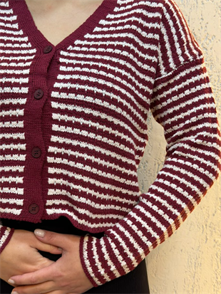 İnce Çizgili Triko Crop Hırka Bordo