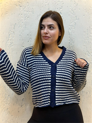 İnce Çizgili Triko Crop Hırka Lacivert
