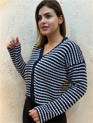 İnce Çizgili Triko Crop Hırka Lacivert