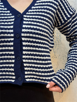 İnce Çizgili Triko Crop Hırka Lacivert