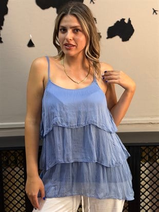 İpek Askılı Kat Kat Bluz Mavi