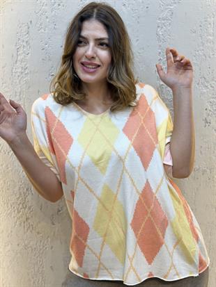 İthal Ekose Desen Kaşmir Bluz Turuncu