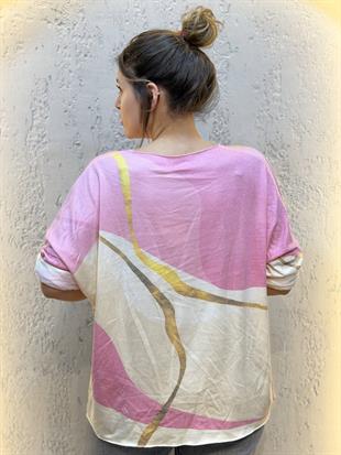 İthal Gold Şeritli Kaşmir Bluz Pembe