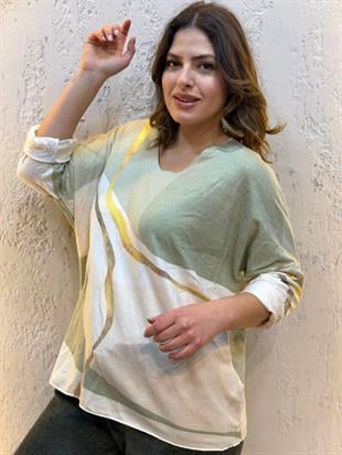 İthal Gold Şeritli Kaşmir Bluz Yeşil