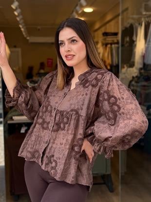 İthal Kabartma Çiçekli Bluz Gömlek Kahve