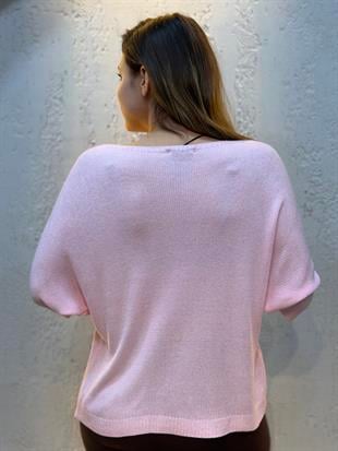 İthal V Yaka Merserize Bluz Pembe