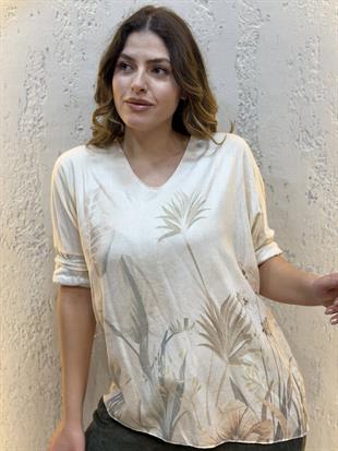 İthal Yaprak Desenli Kaşmir Bluz Krem