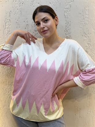 İthal Zikzak Desenli Kaşmir Bluz Pembe