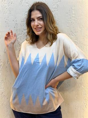 İthal Zikzak Desenli Kaşmir Bluz Krem