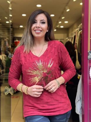Kabartma Detaylı Parlak Desen İthal Bluz