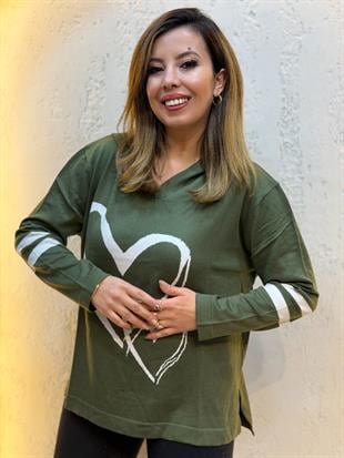 Kalp Desenli Kapüşonlu Triko Sweatshirt Haki