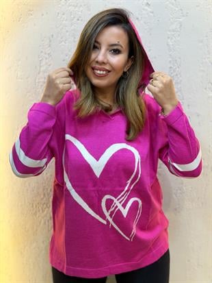 Kalp Desenli Kapüşonlu Triko Sweatshirt Fuşya