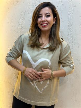 Kalp Desenli Kapüşonlu Triko Sweatshirt Krem