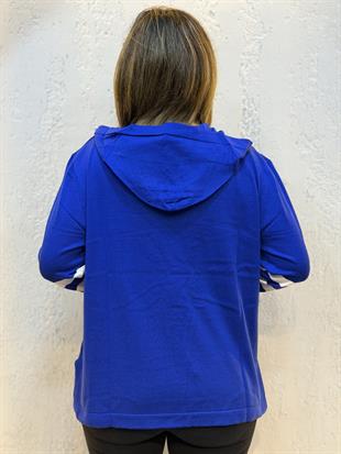 Kalp Desenli Kapüşonlu Triko Sweatshirt Saks Mavisi