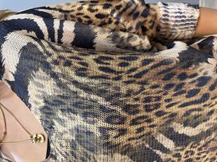 Karışık Leopar Desen İthal Bluz Açık Kahve