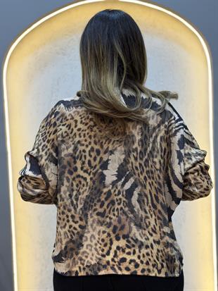 Karışık Leopar Desen İthal Bluz Açık Kahve