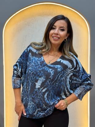 Karışık Leopar Desen İthal Bluz Buz Mavi