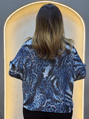 Karışık Leopar Desen İthal Bluz Buz Mavi
