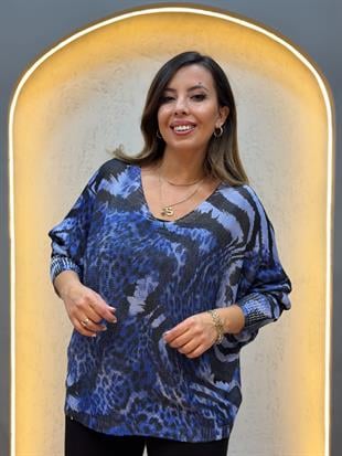 Karışık Leopar Desen İthal Bluz Koyu Mavi