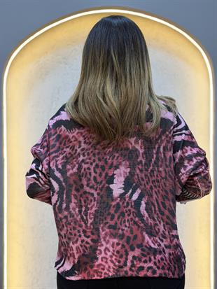 Karışık Leopar Desen İthal Bluz Pembe