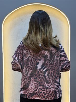 Karışık Leopar Desen İthal Bluz Pudra