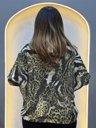 Karışık Leopar Desen İthal Bluz Yeşil