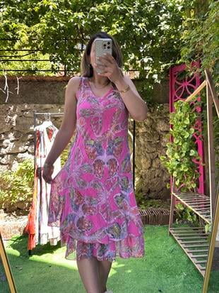 Kelebek Desenli %100 Keten İthal Elbise Pembe