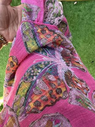 Kelebek Desenli %100 Keten İthal Elbise Pembe