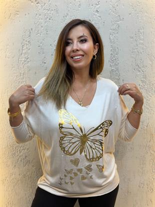 Kelebek Desenli İthal Kaşmir Bluz Ekru