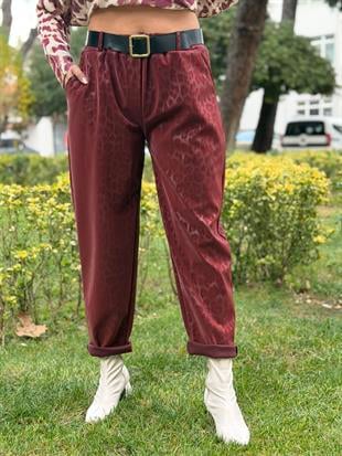 Kemer Hediyeli İthal Leopar Pantolon Bordo