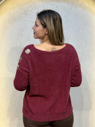 Kol Broş Detaylı İthal Bluz Bordo