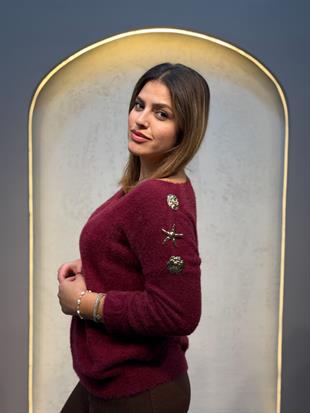 Kol Broş Detaylı İthal Bluz Bordo