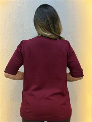 Kol Düğmeli Merserize Bluz Bordo
