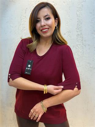 Kol Düğmeli Merserize Bluz Bordo