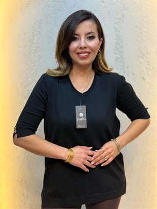 Kol Düğmeli Merserize Bluz Siyah