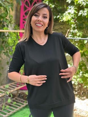 Kol Düğmeli Merserize Bluz Siyah