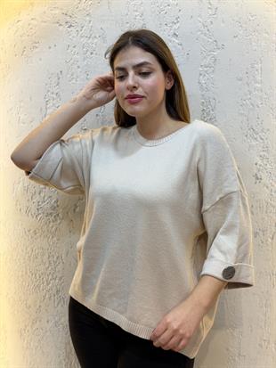 Kol Katlamalı Düğme Detaylı İthal Yarım Kol Kaşmir Bluz Krem