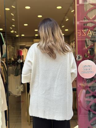 Kol Katlamalı Önü Açık Yün Hırka Krem