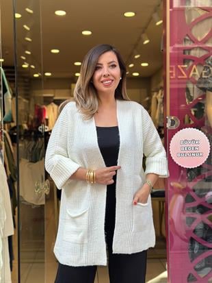 Kol Katlamalı Önü Açık Yün Hırka Krem
