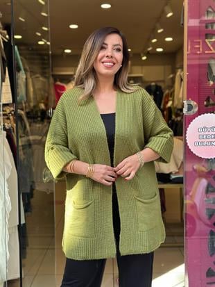 Kol Katlamalı Önü Açık Yün Hırka Yeşil