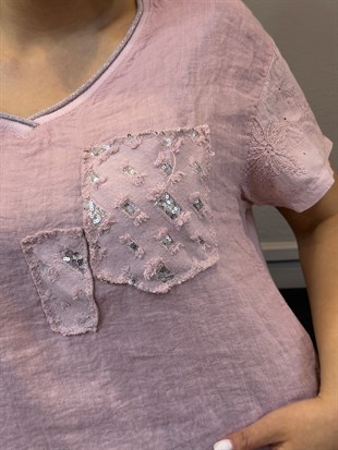 Kol ve Cep Detaylı İthal Bluz Pembe